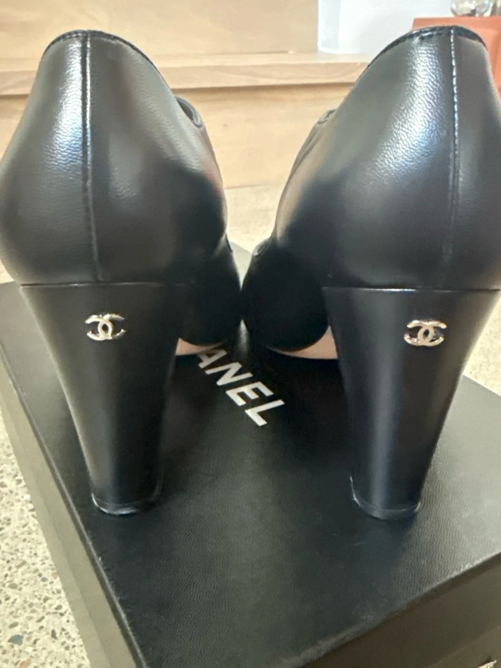 CHANEL Peep-Toe Thong Black Leather Mary Jane